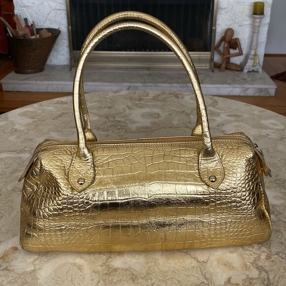 Claudia Firenze Italian Metallic Gold Croc Embossed Dual Handle Satchel Bag - Picture 3 of 14